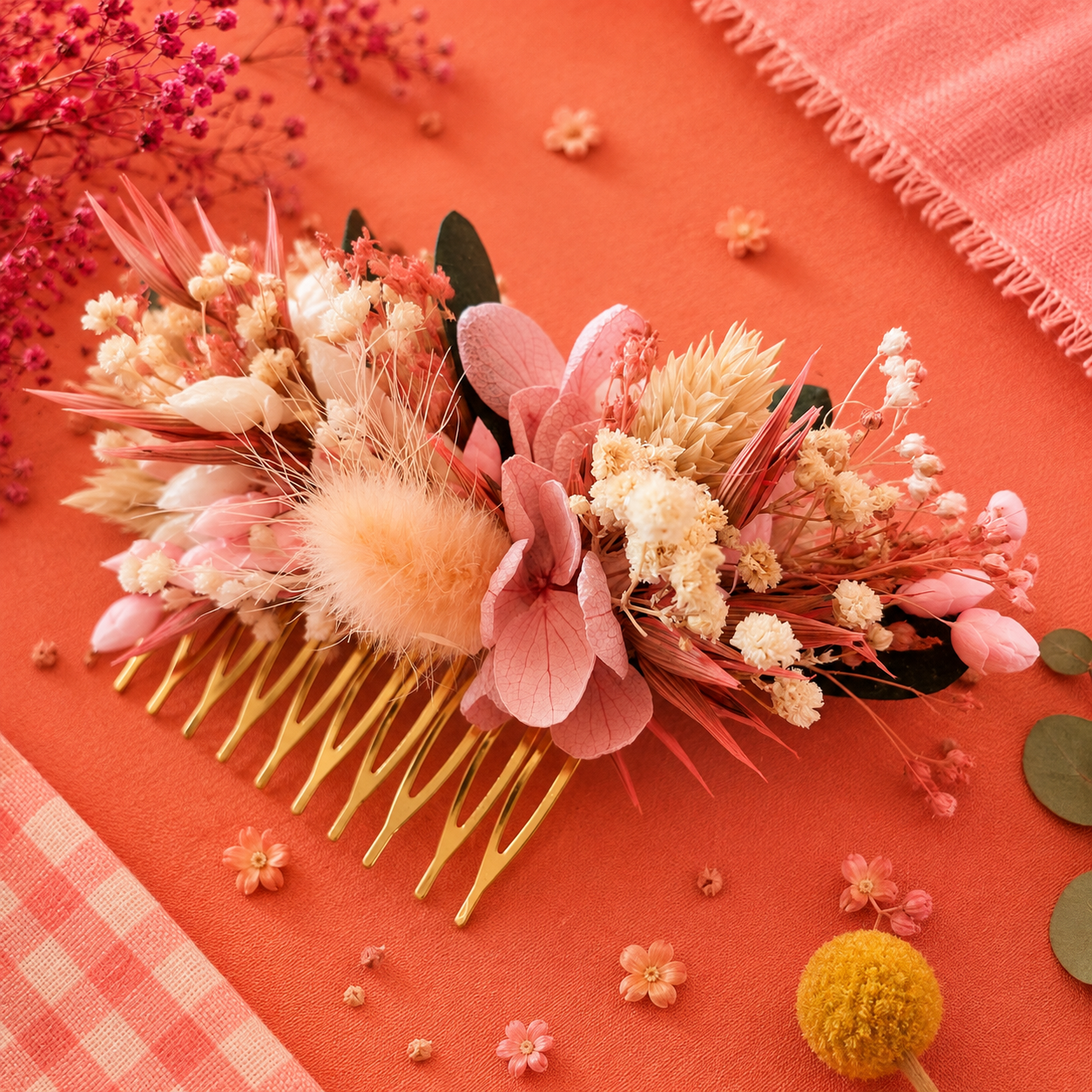 Peigne de mariage en laiton dore avec fleurs sechees et stabilisees teintes peche et rose