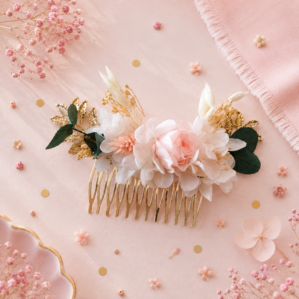 Peigne de mariage en laiton dore avec rose poudree et fleurs stabilisees teintes blanc et rose poudre