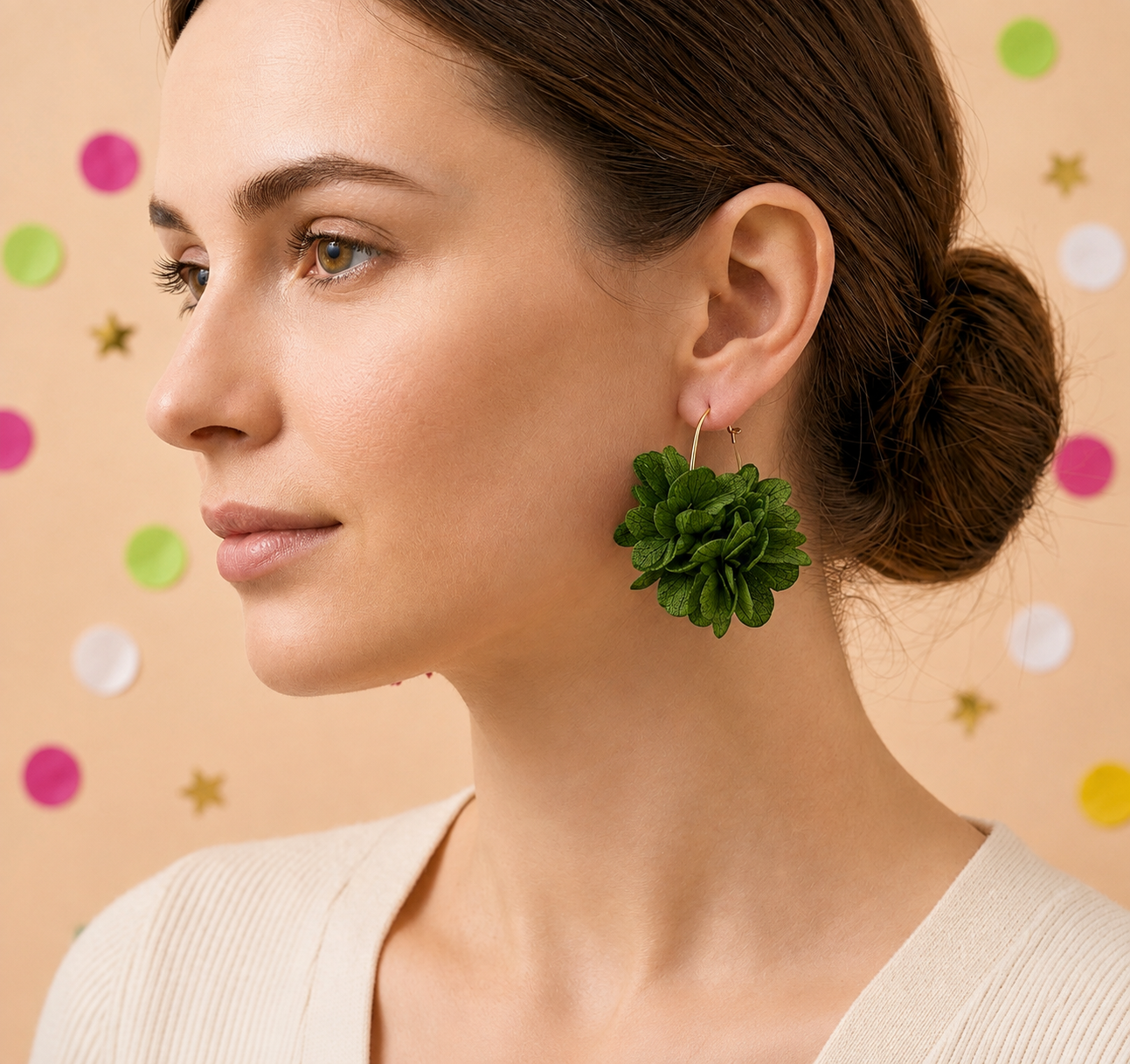 Créoles Goutte Mariage Hortensia en Laiton | Vert Olive