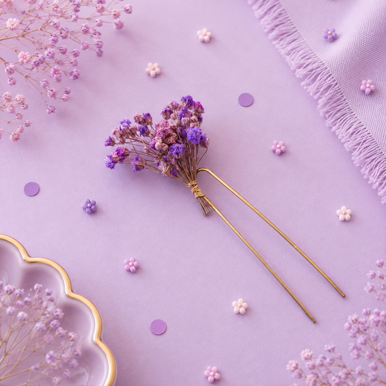 Pique a chignon de mariage en metal dore avec mini bouquet de fleurs sechees teintes violet intense