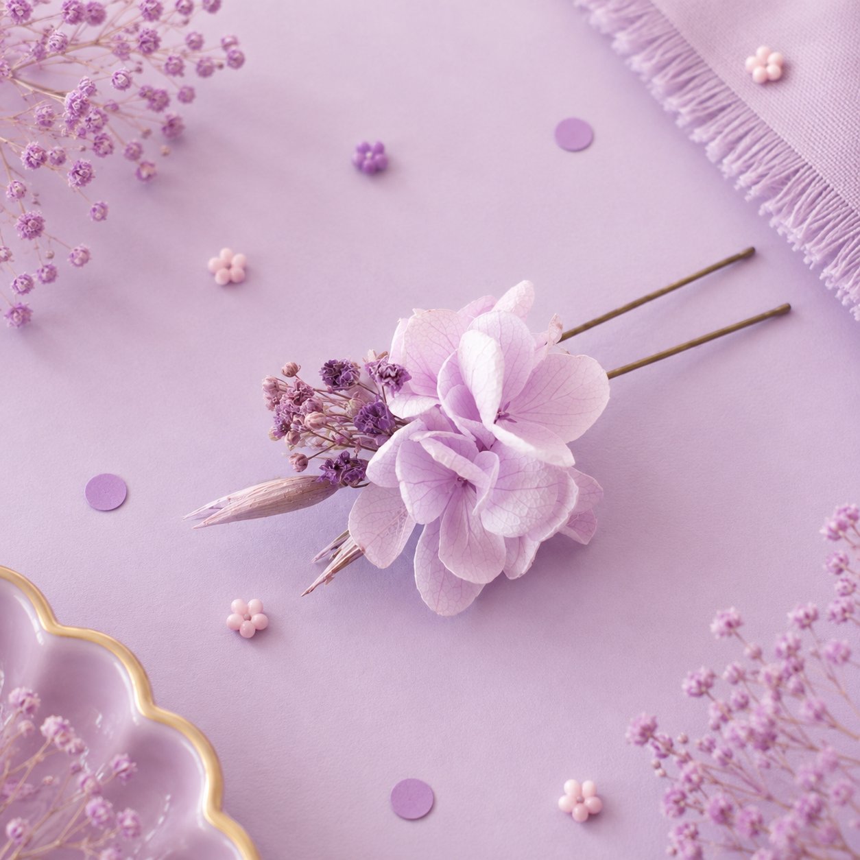 Pique a chignon de mariage en metal avec fleurs sechees et hortensia stabilise teintes violet et lilas