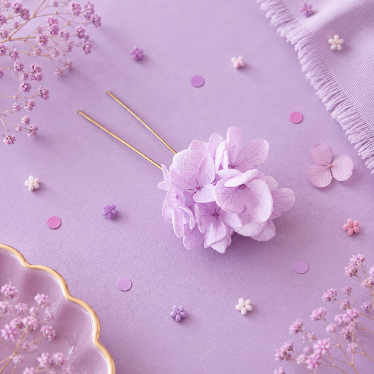 Pique a chignon de mariage en metal dore avec fleur d hortensia stabilise teintes lilas et violet doux
