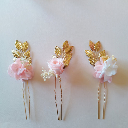 "Élégance"Trois piques à Chignon fleurs séchées mariage – Rose, Doré & Feuilles Métalliques 🌸