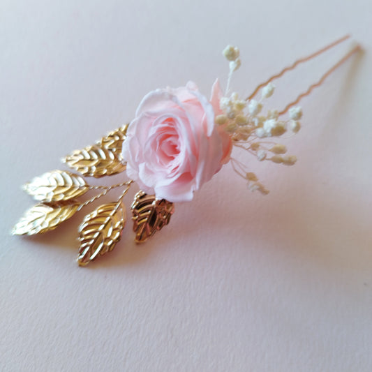 "Élégance"Pique à Chignon fleurs séchées mariage – Rose, Doré & Feuilles Métalliques 🌸