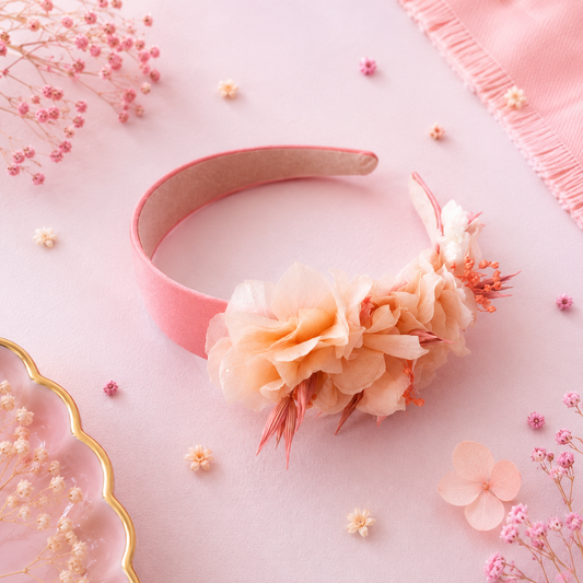 Serre-tete de mariage en velours rose avec fleurs d hortensia stabilise teintes peche et saumon