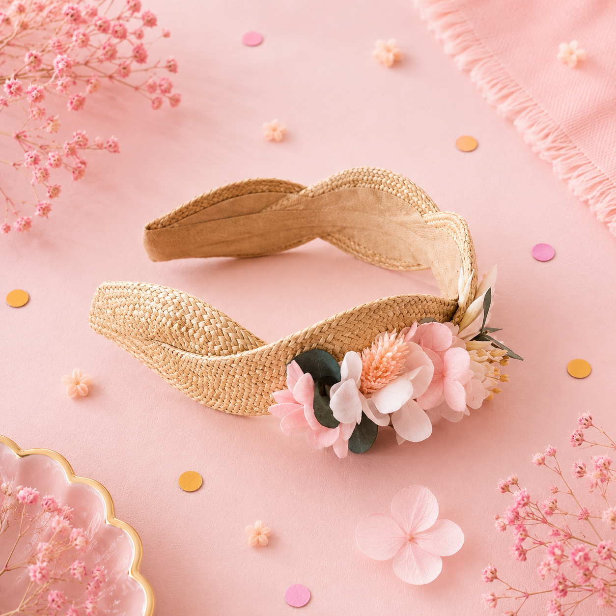 Serre-tete tresse effet paille avec composition florale en hortensia stabilise rose poudre creme et eucalyptus
