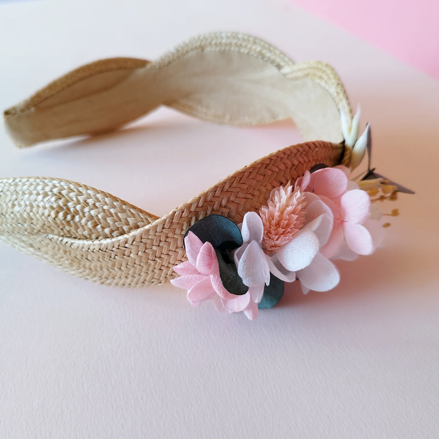 "Élégance"Serre-Tête fleurs séchées mariage – Rose & Doré sur Support Textile Naturel 🌸