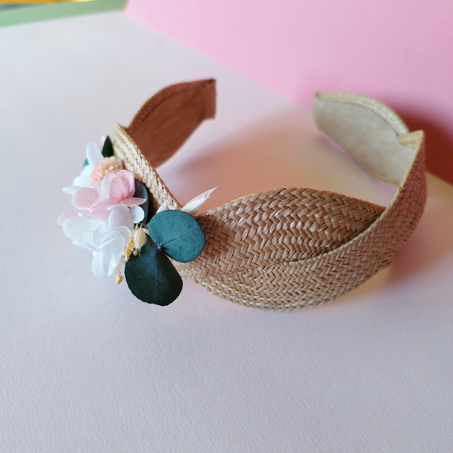 "Élégance"Serre-Tête fleurs séchées mariage – Rose & Doré sur Support Textile Naturel 🌸