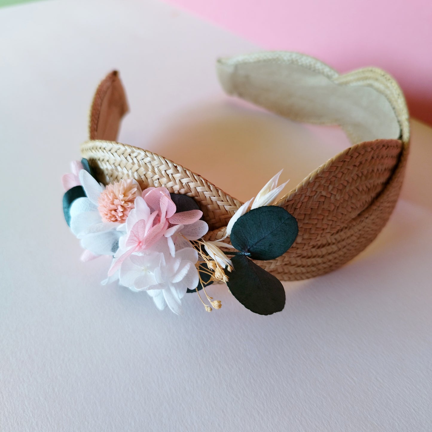 "Élégance"Serre-Tête fleurs séchées mariage – Rose & Doré sur Support Textile Naturel 🌸