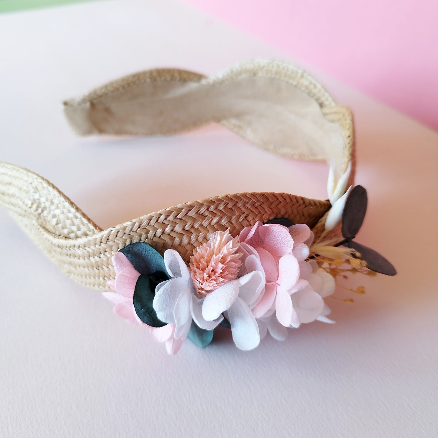 "Élégance"Serre-Tête fleurs séchées mariage – Rose & Doré sur Support Textile Naturel 🌸