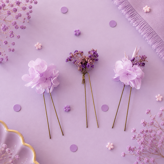 Set de 3 piques a chignon de mariage en metal dore avec fleurs sechees et hortensia stabilise teintes lilas et violet